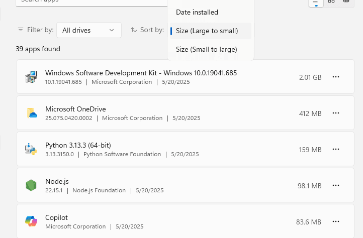 Screenshot of installed applications on a Windows operating system.